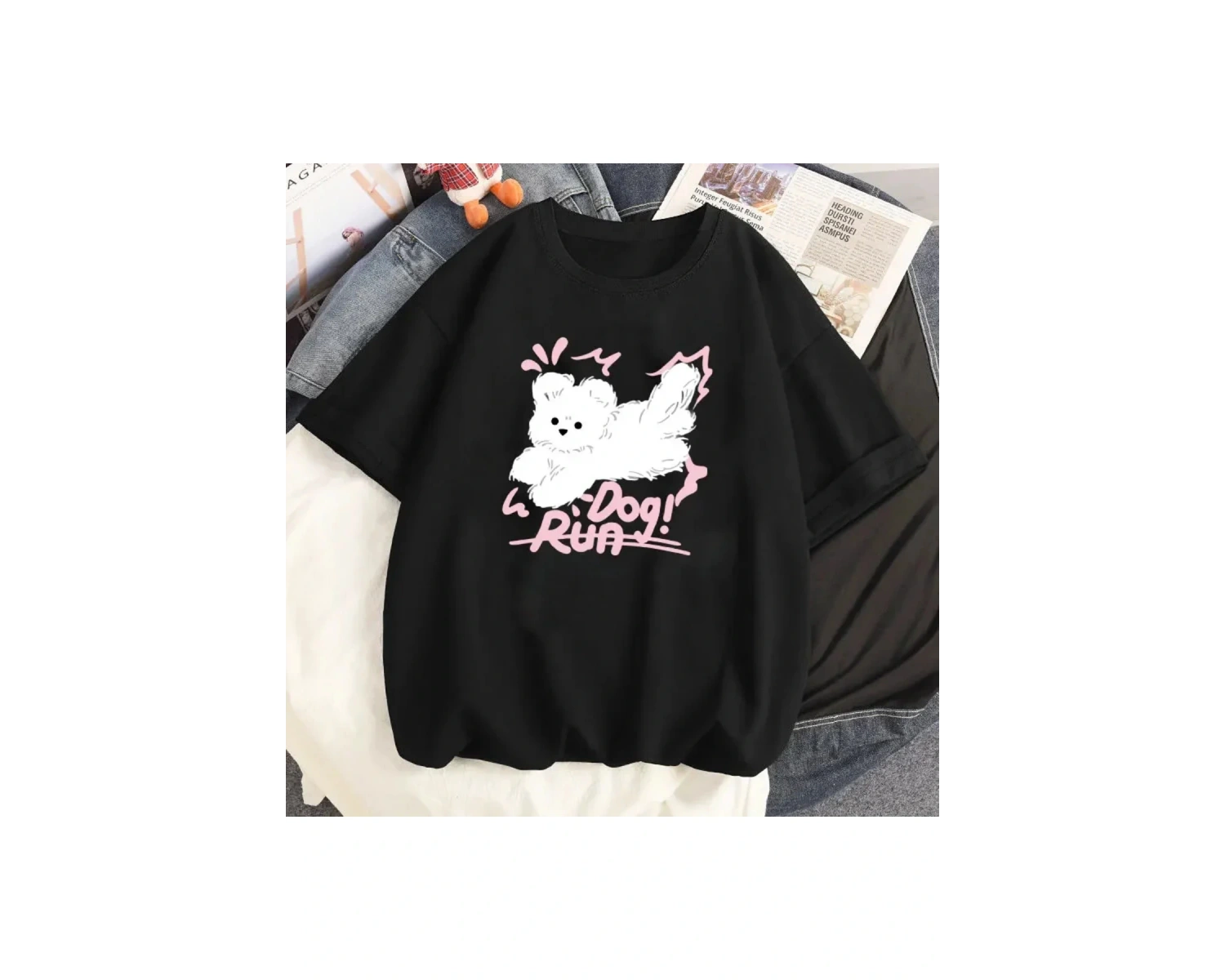 Siyah Karikatür i Sevimli Kedi Grafik Tee Köpek Baskı