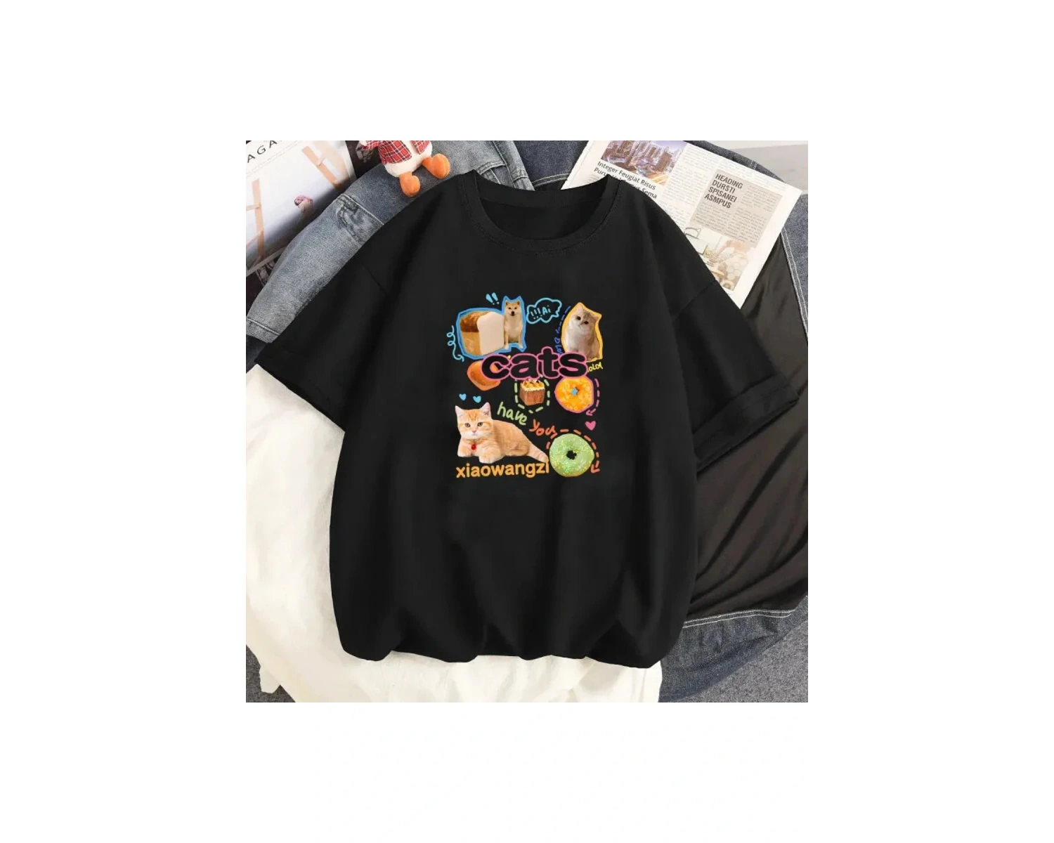 Siyah Karikatür i Sevimli Kedi Grafik Tee Köpek Baskı