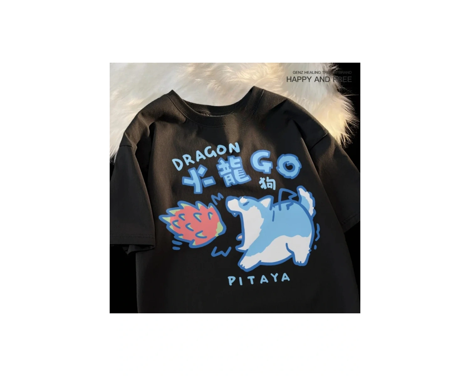 Siyah Karikatür Sevimli Kedi ve Köpek Desen Eğlenceli Tshirt bol Tees Sokak Serin Kısa