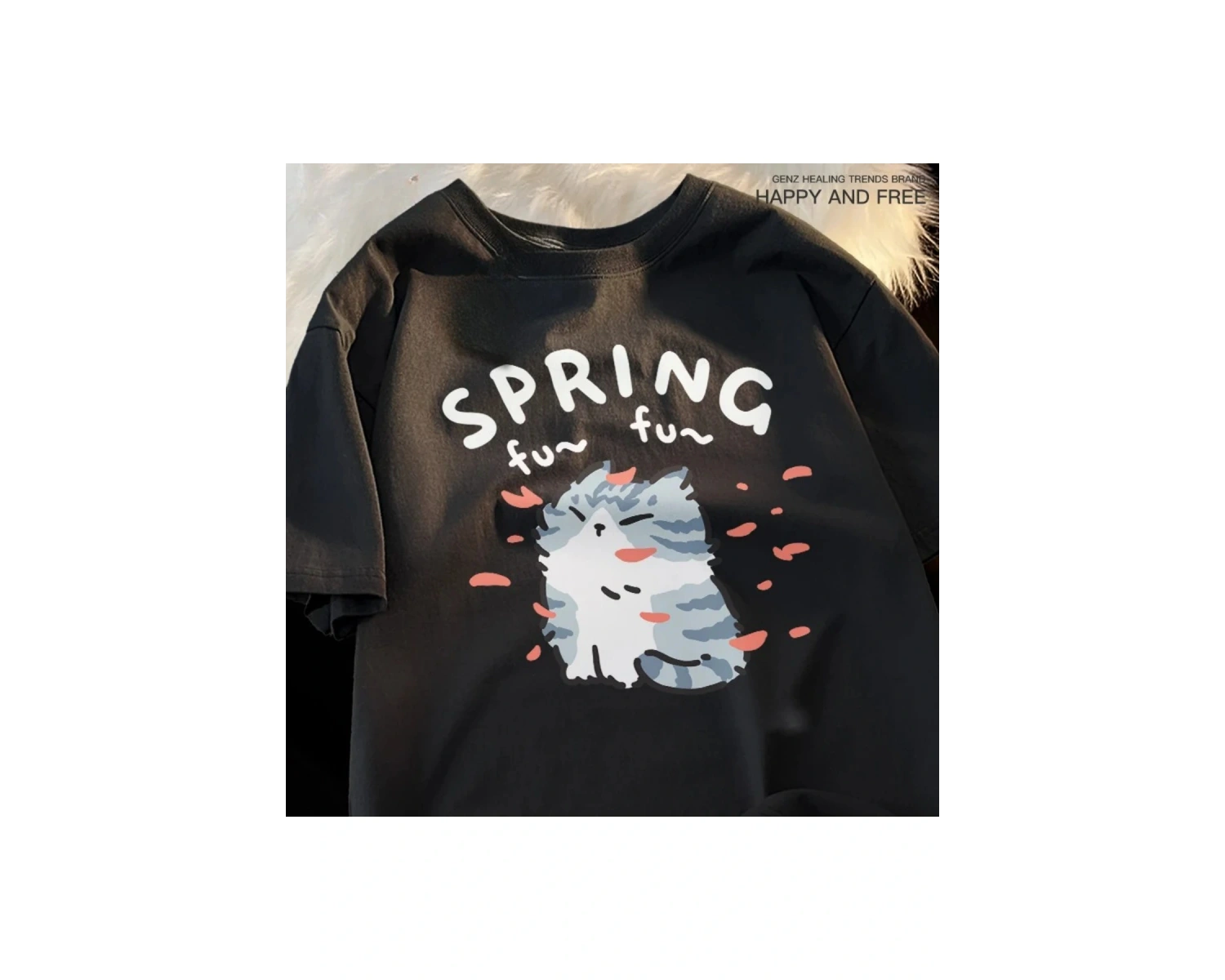 Siyah Karikatür Sevimli Kedi ve Köpek Desen Eğlenceli Tshirt bol Tees Sokak Serin Kısa