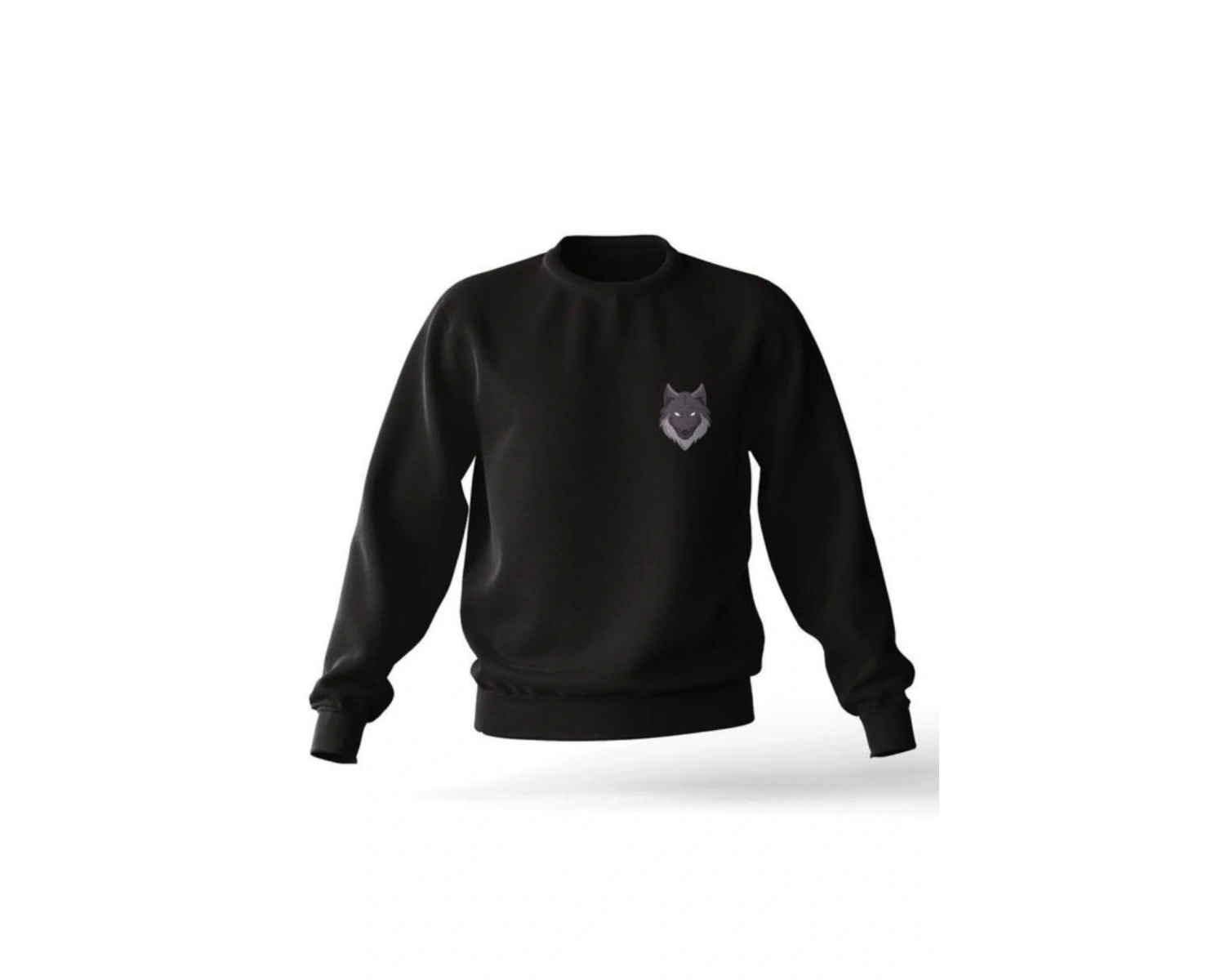Sıyah Karpşonsuz 0 Yaka Pamuklu Kurt Baskılı Unisex Sweatshirt Siyah