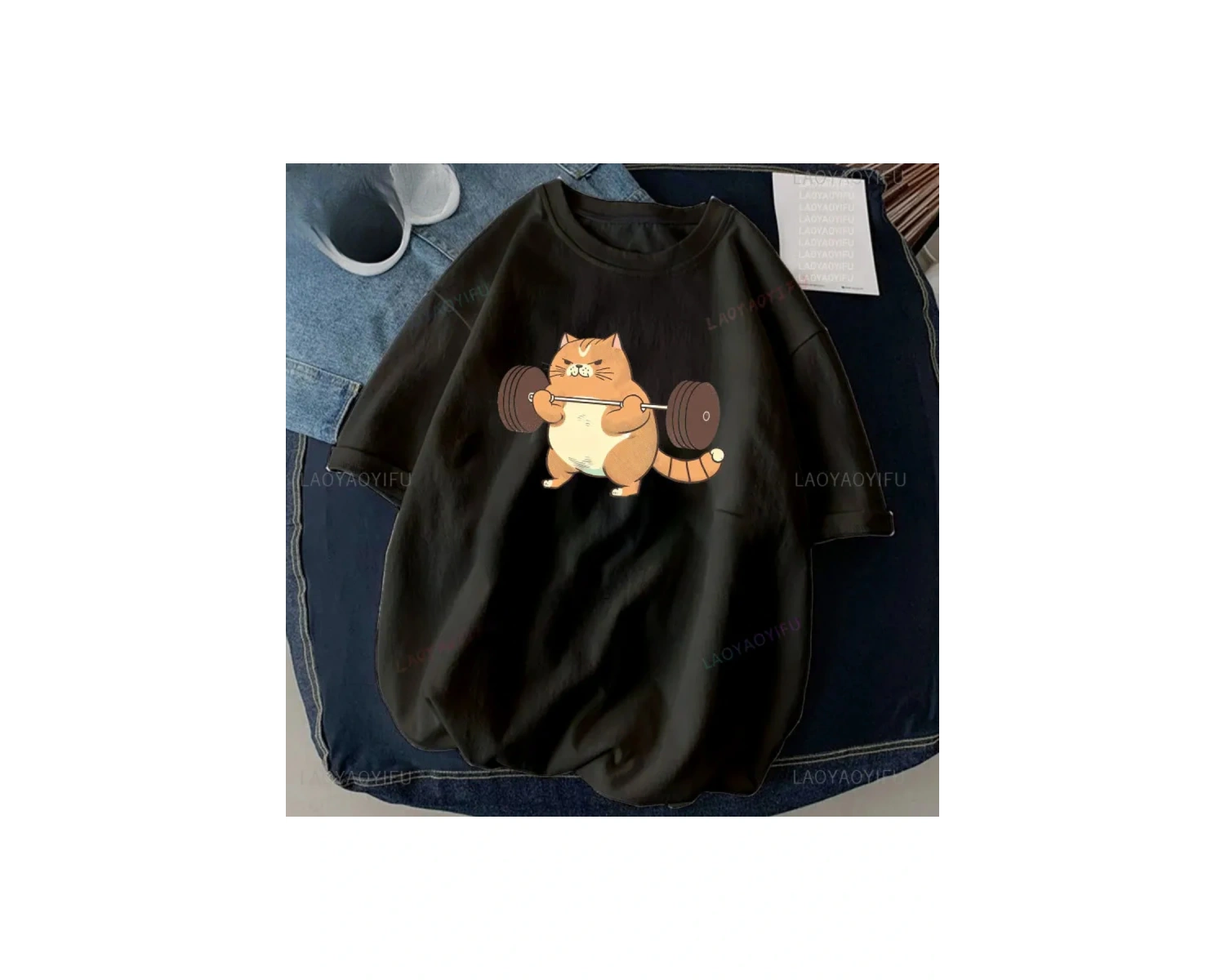 Siyah Kedi Halter baskılı Çalışma Komik Spor Salonu Tasarım Etiket Grafik li T