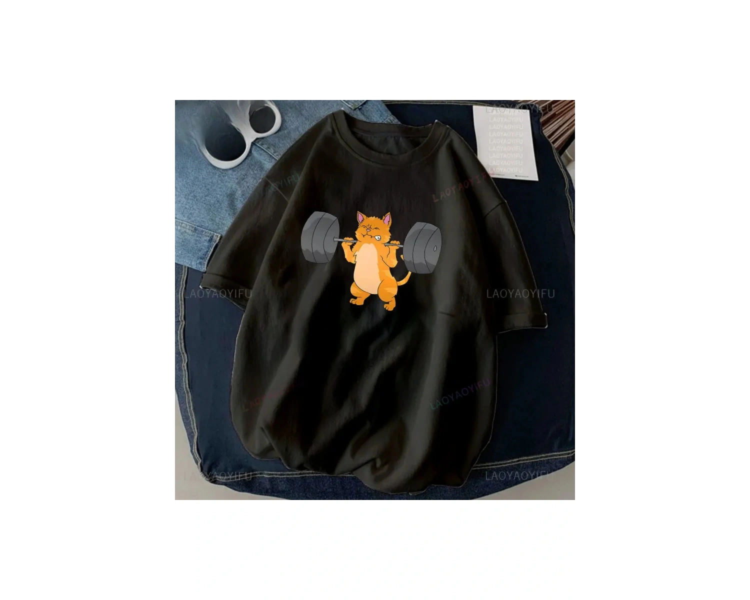 Siyah Kedi Halter baskılı Çalışma Komik Spor Salonu Tasarım Etiket Grafik li T