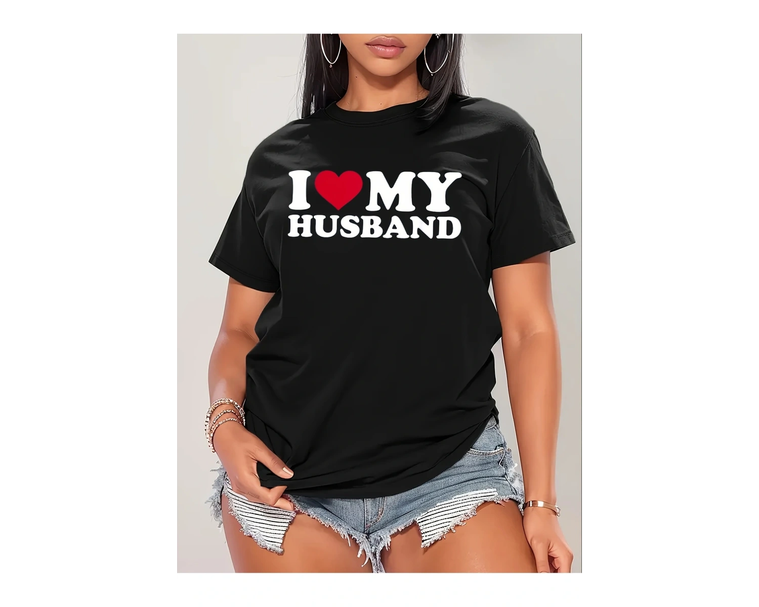 Siyah kolay bakım kalp kocam baskı Tee seviyorum-şık yaz tarzı için streç ekip boyun üs
