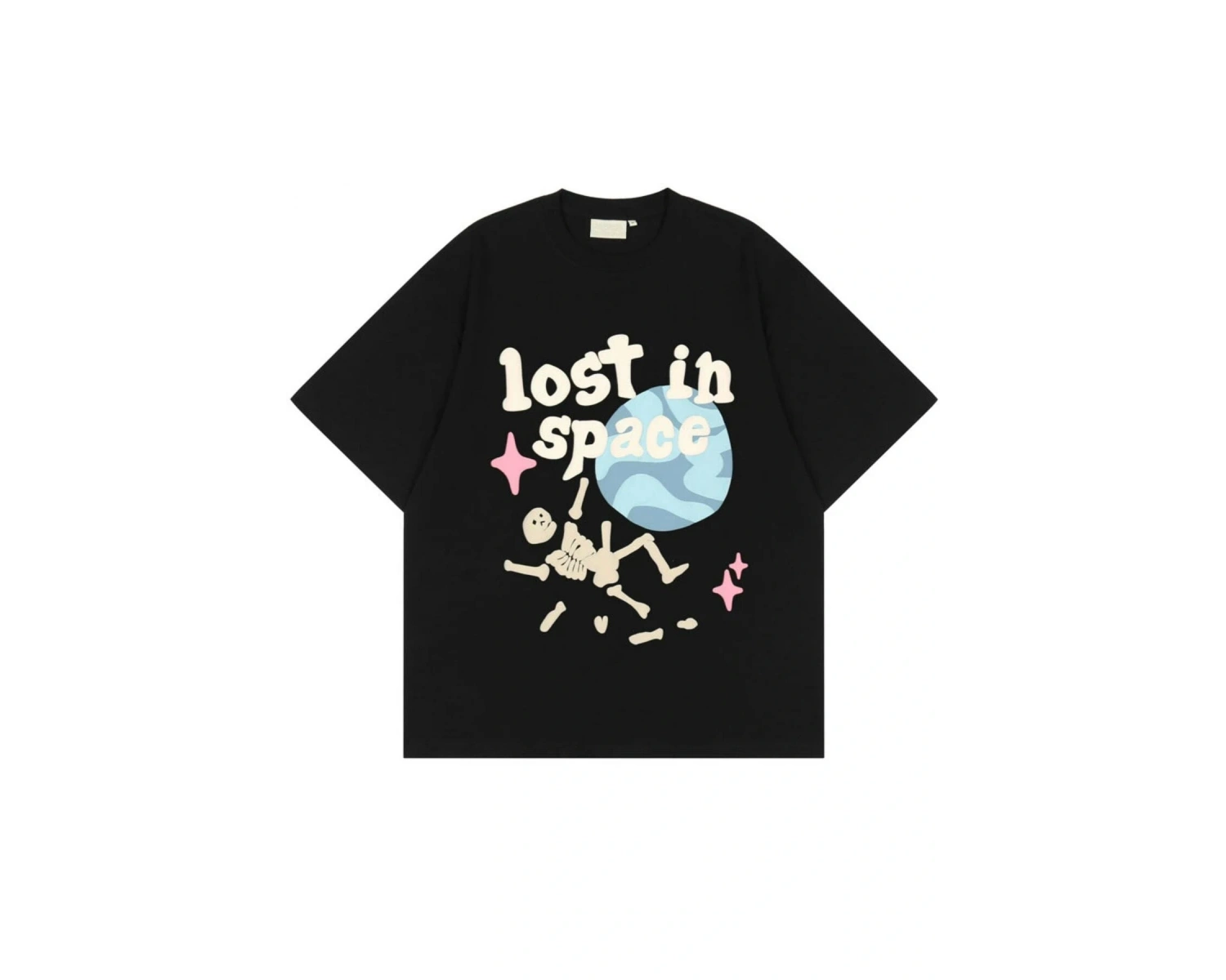 Siyah Lost In Space Baskılı Bisiklet Yaka Oversize Erkek Tişört