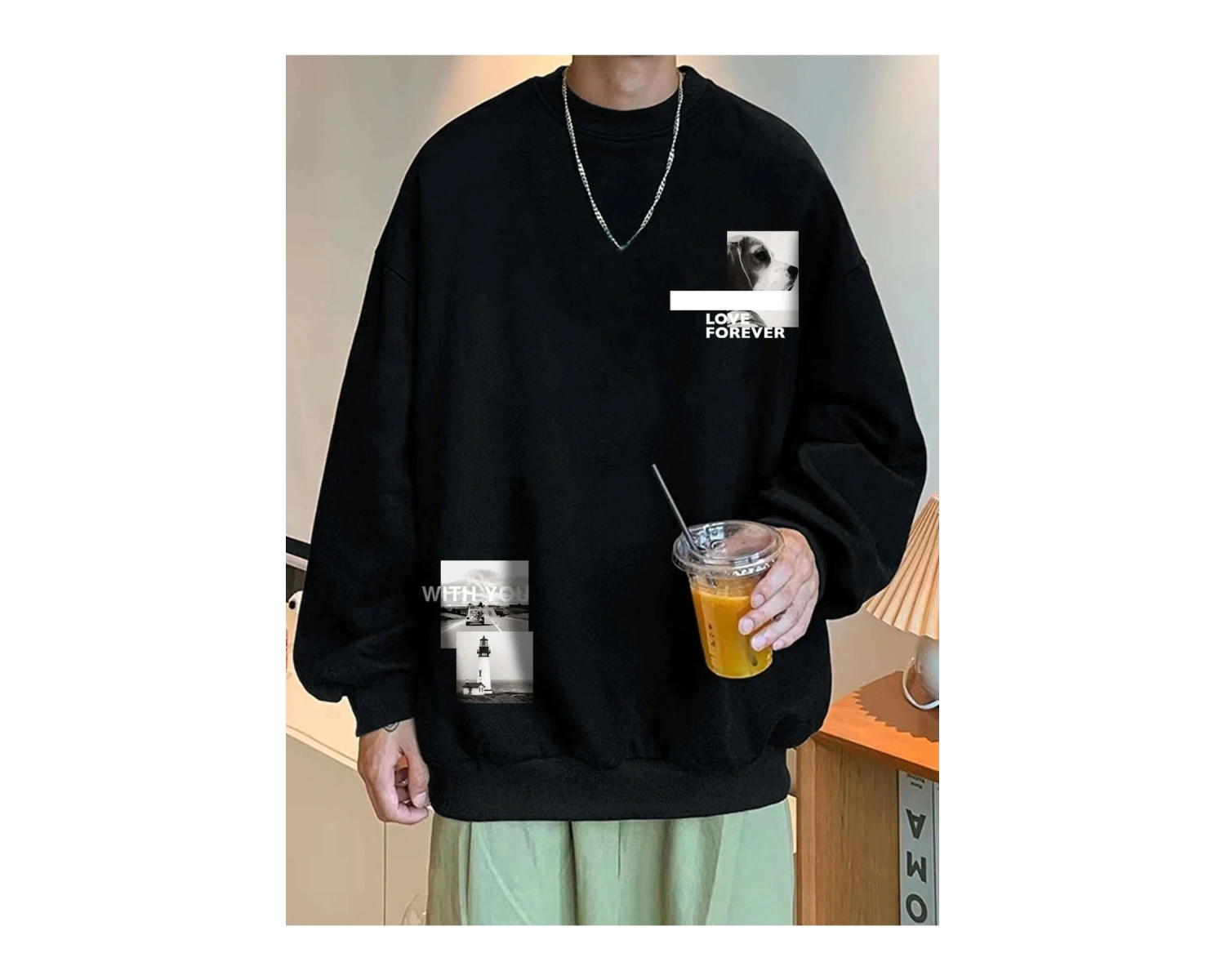 Siyah Love Forever Baskılı Oversize Bisiklet Yaka Sweatshirt