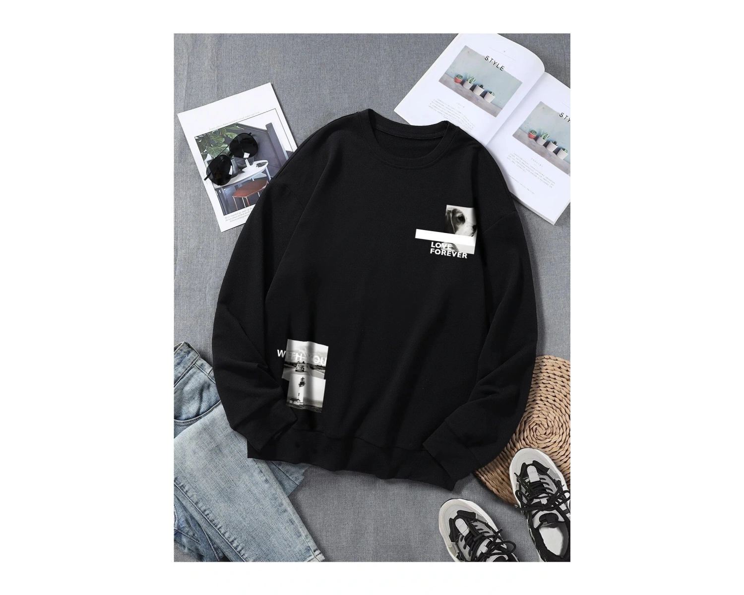 Siyah Love Forever Baskılı Oversize Bisiklet Yaka Sweatshirt