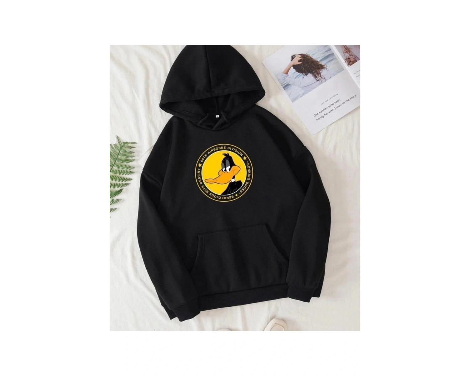Siyah Oversize 0 Yaka Kapşonsuz Daffy Duck Baskılı Pamuklu Sweatshirt