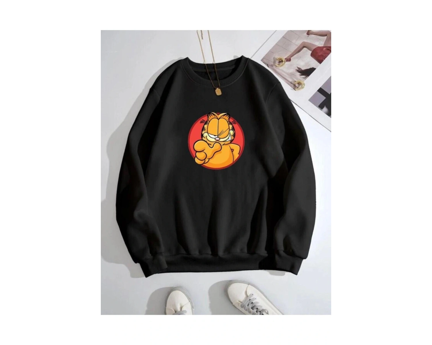 Siyah Oversize 0 Yaka Kapşonsuz Garfield Baskılı Unisex Pamuklu Sweatshirt