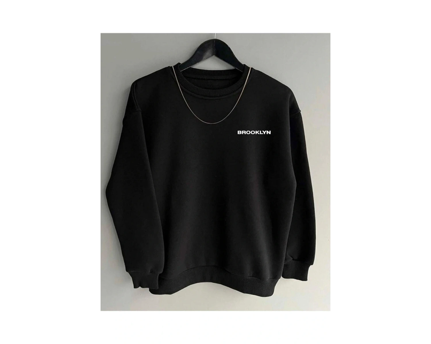 Siyah Oversize Brooklyn Baskılı Pamuklu Kapşonsuz 0 Yaka Unisex Sweatshirt