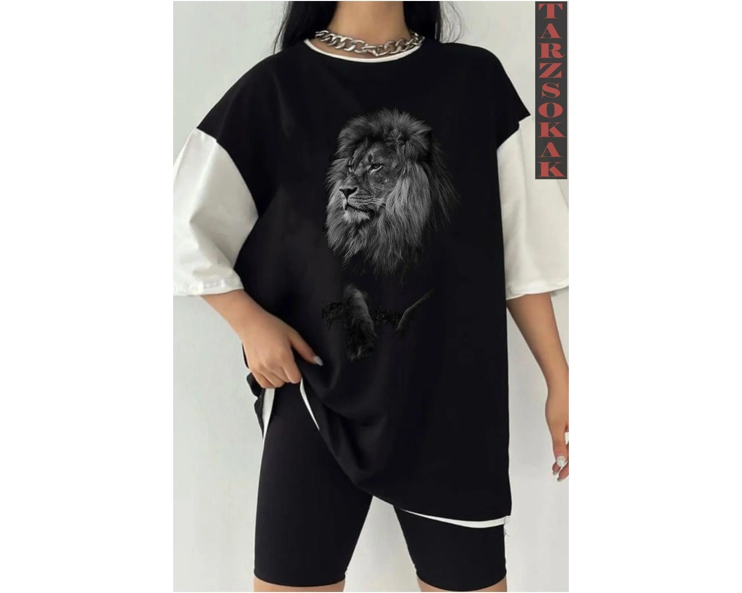 Siyah Oversize Çift Renk ASLAN 3 Baskılı Unisex Tshirt
