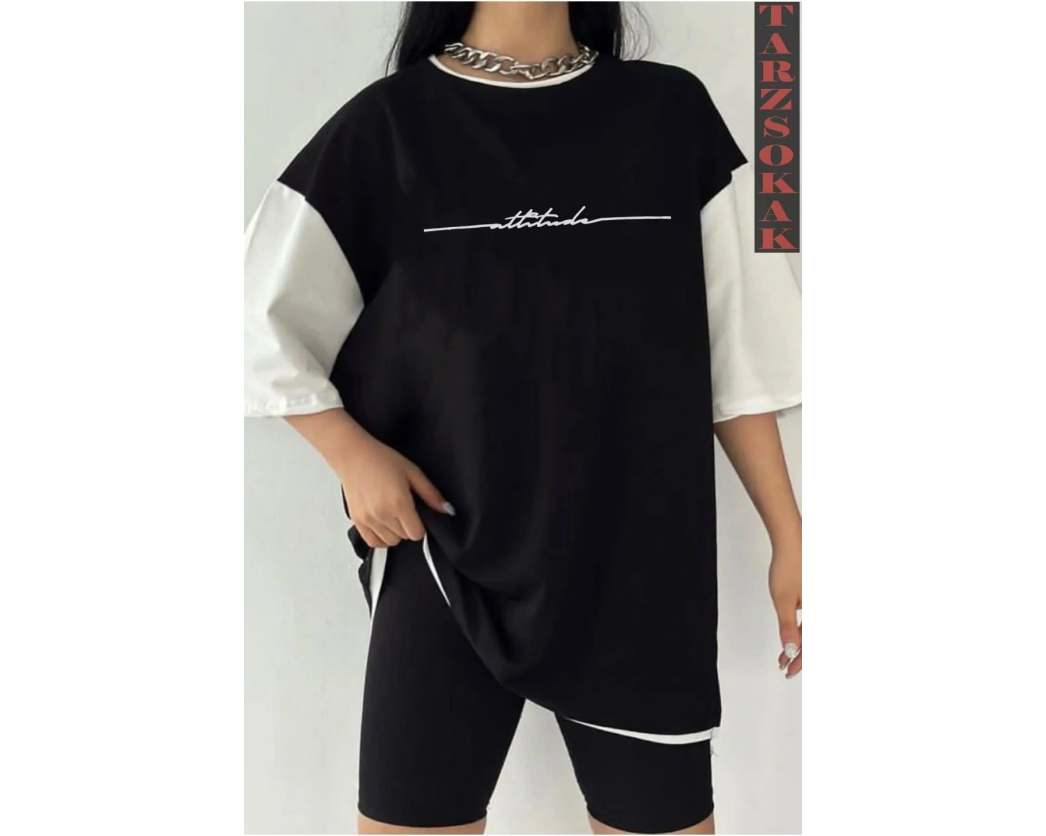 Siyah Oversize Çift Renk ATTİUDE Baskılı Unisex Tshirt