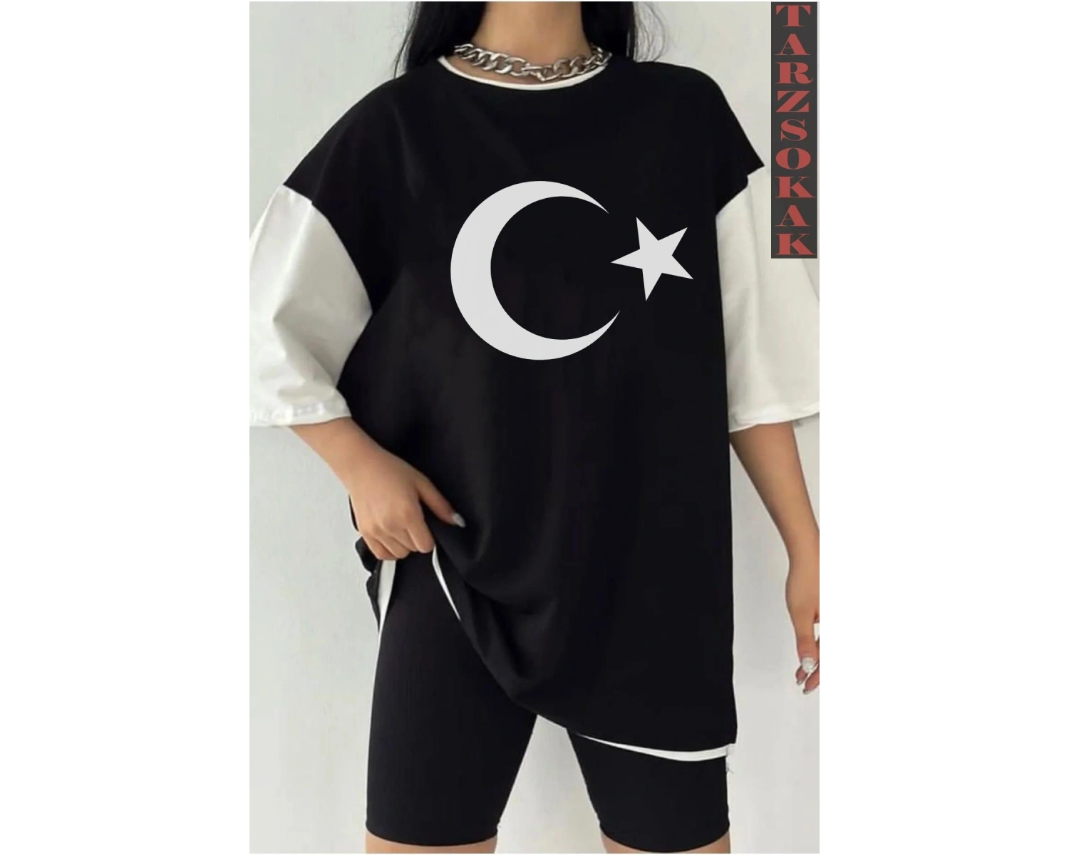 Siyah Oversize Çift Renk AY YILDIZ Baskılı Unisex Tshirt