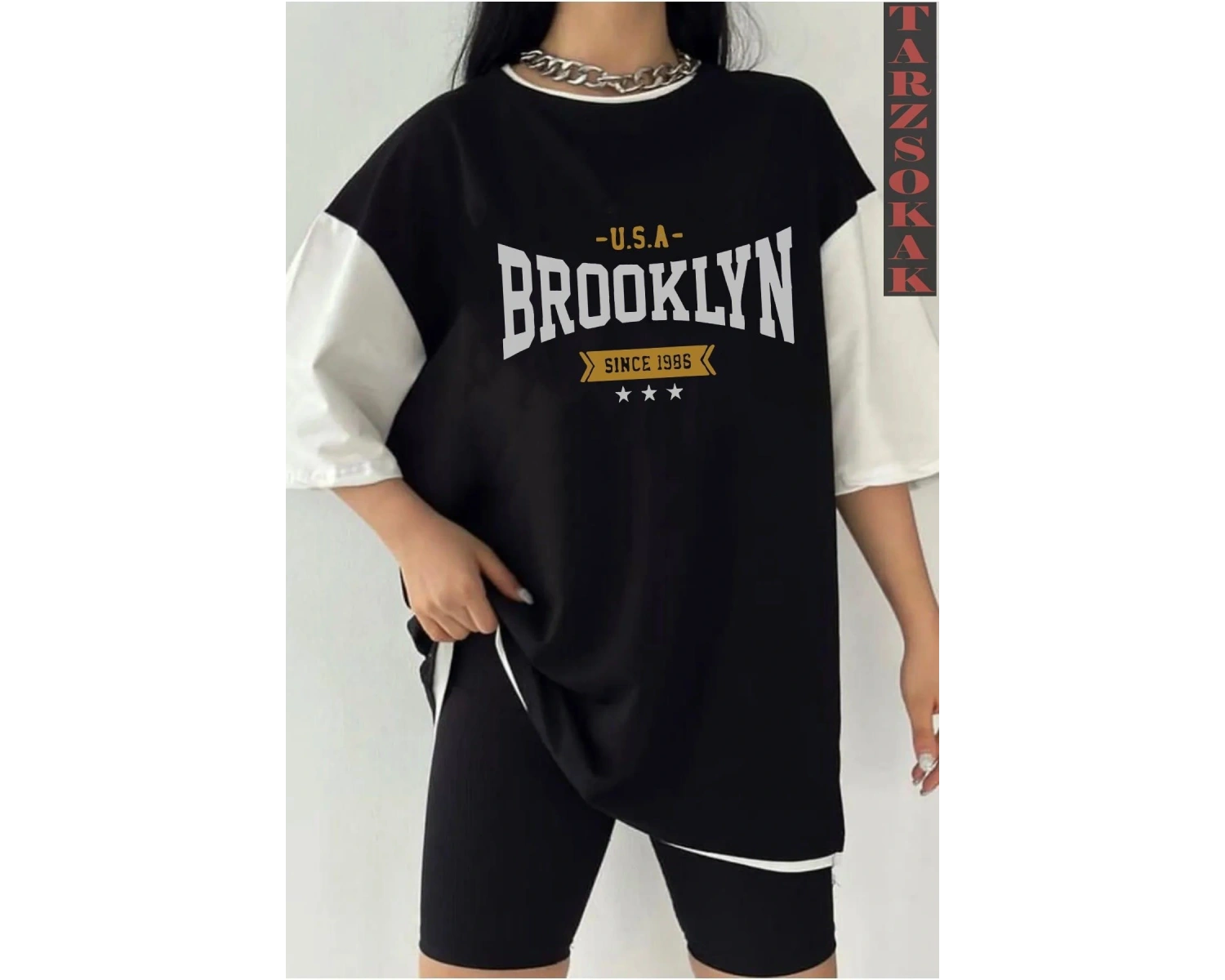 Siyah Oversize Çift Renk BROOKLYN  Baskılı Unisex Tshirt