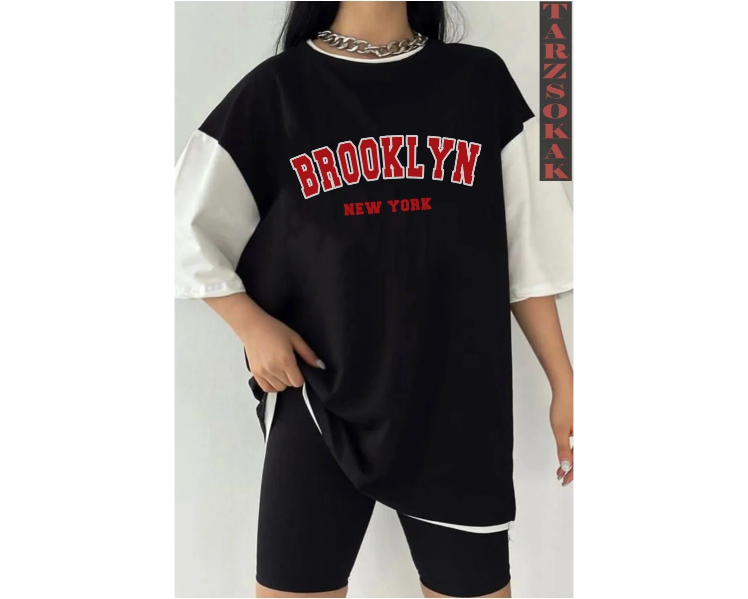 Siyah Oversize Çift Renk BROOKLYN  Baskılı Unisex Tshirt
