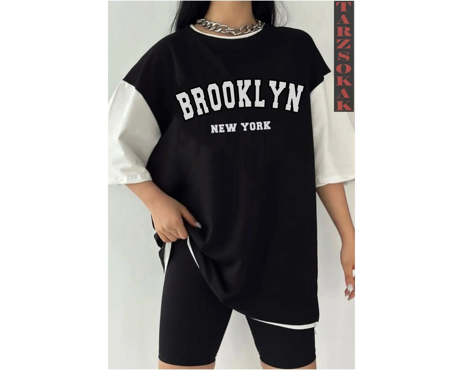 Siyah Oversize Çift Renk BROOKLYN NYC Baskılı Unisex Tshirt