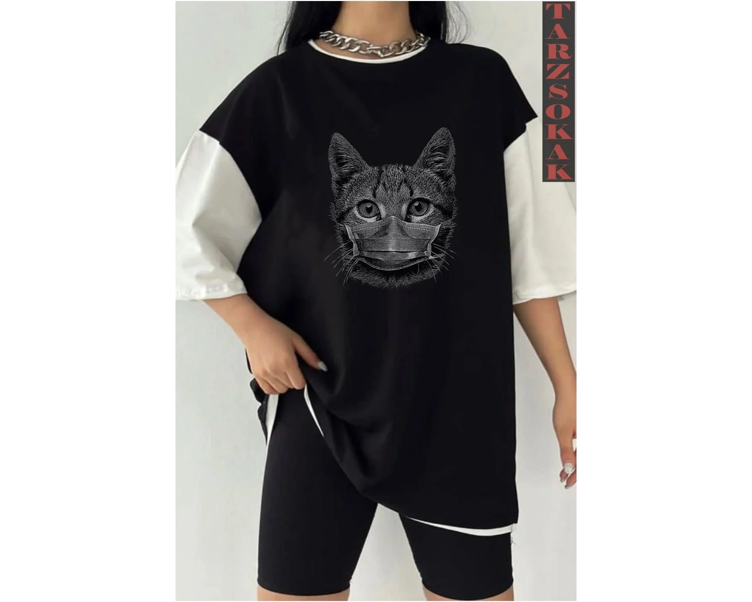 Siyah Oversize Çift Renk CAT  Baskılı Unisex Tshirt