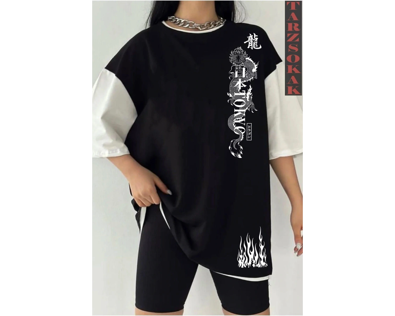 Siyah Oversize Çift Renk DRAGON  Baskılı Unisex Tshirt