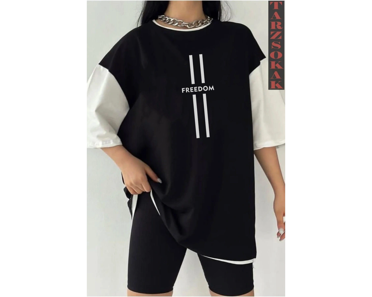 Siyah Oversize Çift Renk FREEDOM YAZI  Baskılı Unisex Tshirt