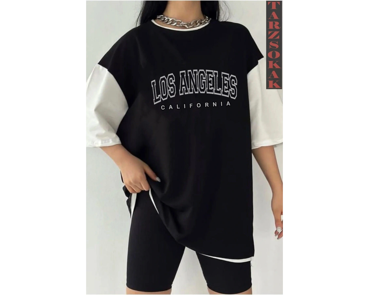 Siyah Oversize Çift Renk LOS ANGELSS YAZI  Baskılı Unisex Tshirt