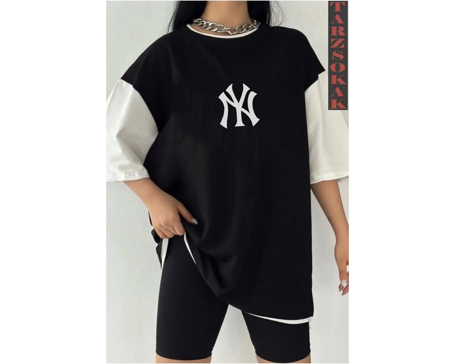 Siyah Oversize Çift Renk NY YANK SESİ YAZI  Baskılı Unisex Tshirt