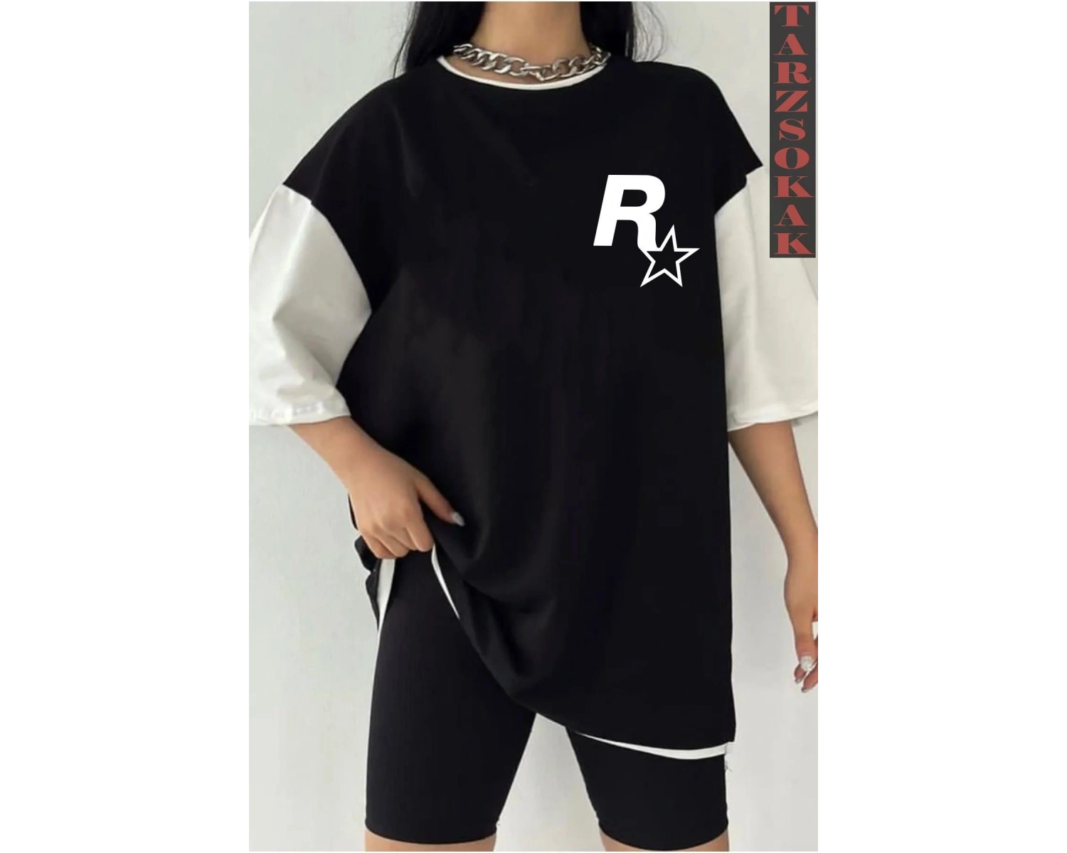 Siyah Oversize Çift Renk ROCKSSTAR  Baskılı Unisex Tshirt
