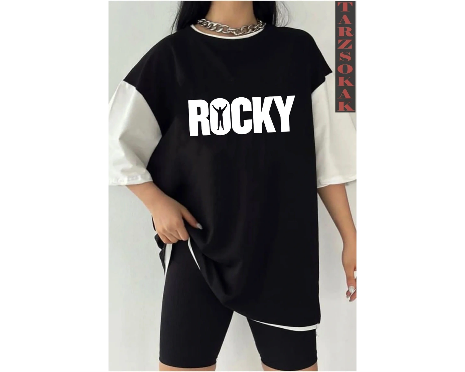 Siyah Oversize Çift Renk ROCKY  Baskılı Unisex Tshirt