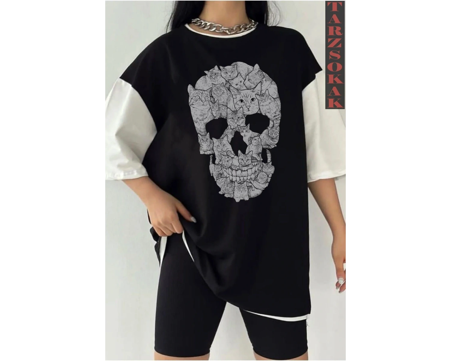 Siyah Oversize Çift Renk SKULL  Baskılı Unisex Tshirt