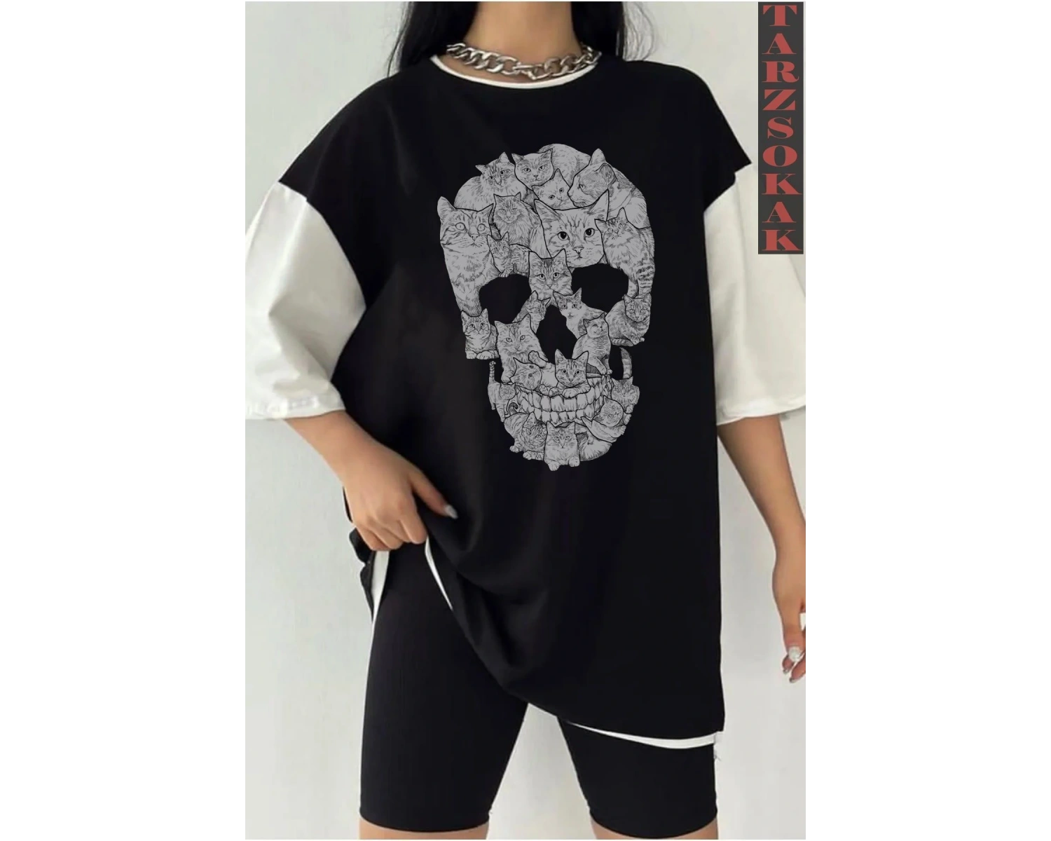 Siyah Oversize Çift Renk SKULL  Baskılı Unisex Tshirt