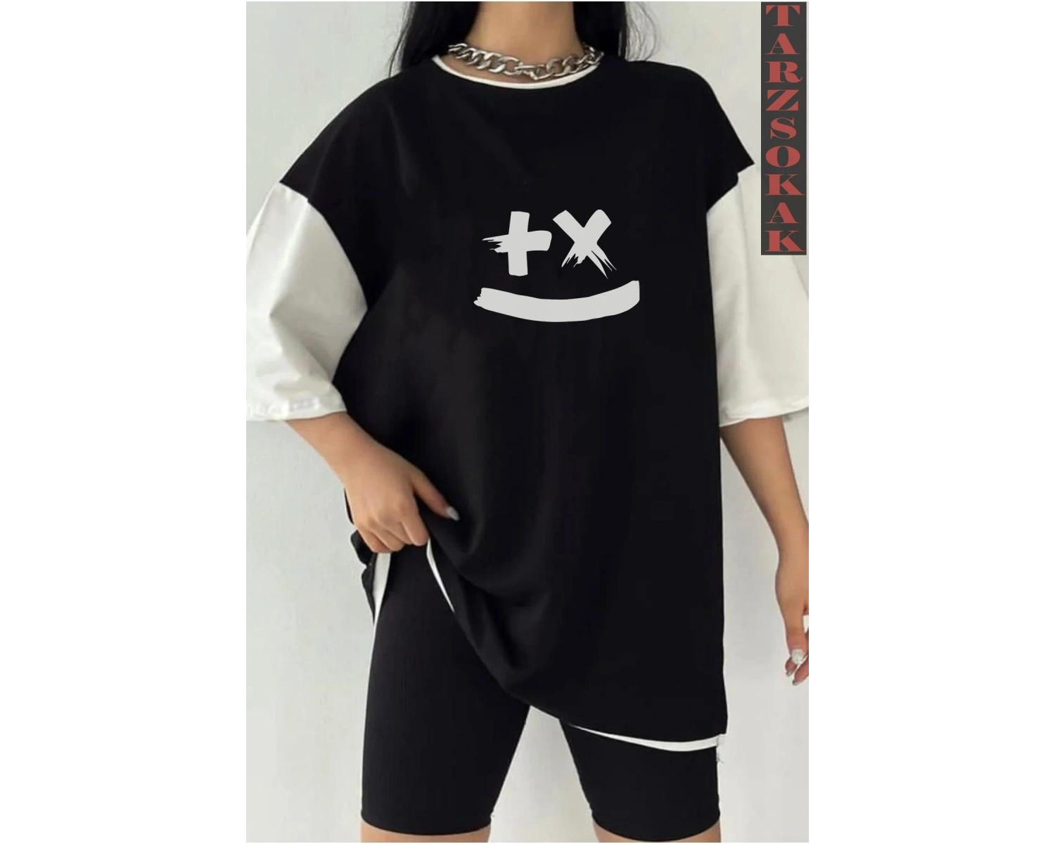 Siyah Oversize Çift Renk SMİLE  Baskılı Unisex Tshirt