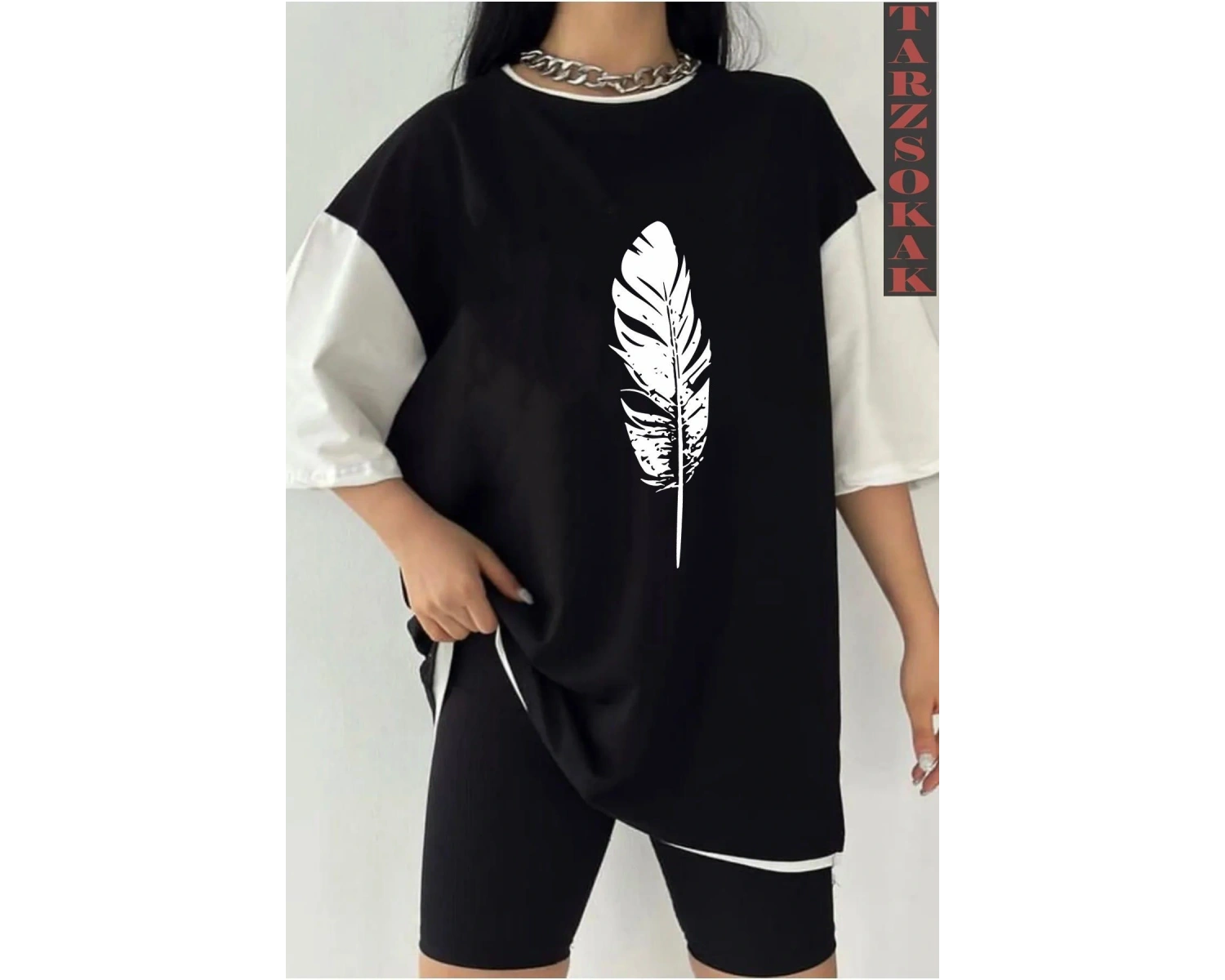 Siyah Oversize Çift Renk TÜY  Baskılı Unisex Tshirt