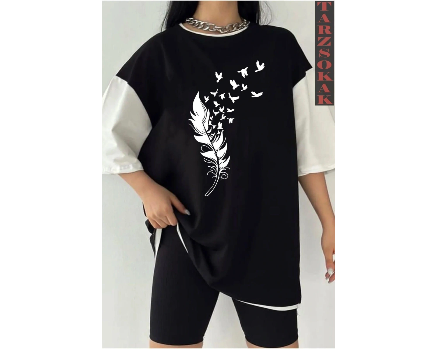 Siyah Oversize Çift Renk TÜY  Baskılı Unisex Tshirt