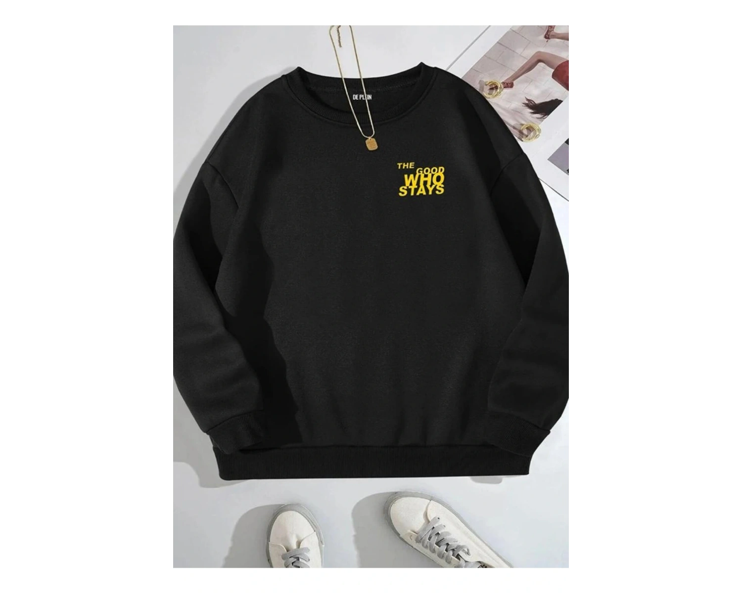 Siyah Oversize Goog Grace Baskılı Pamuklu Kapşonsuz 0 Yaka Unisex Sweatshirt