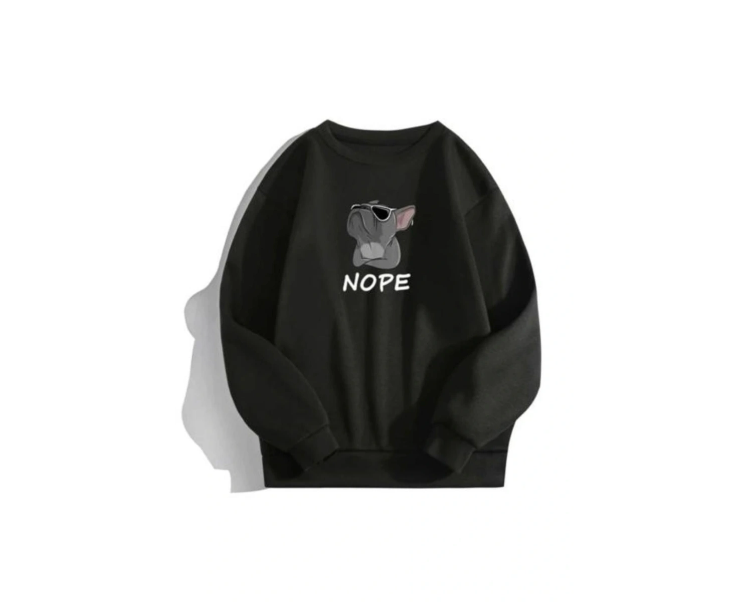 Siyah Oversize Kapşonsuz 0 Yaka Bulldog Baskılı Pamuklu Sweatshirt