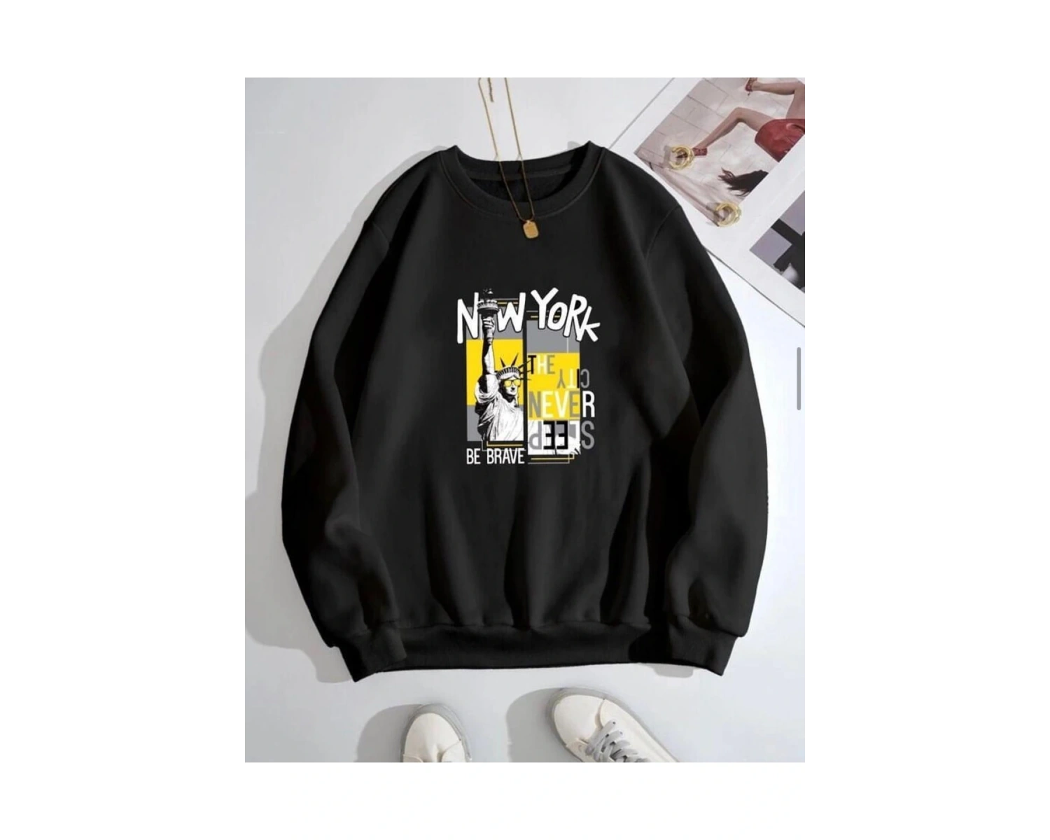 Siyah Oversize Kapşonsuz 0 Yaka Newyork Baskılı Pamuklu Unisex Sweatshirt
