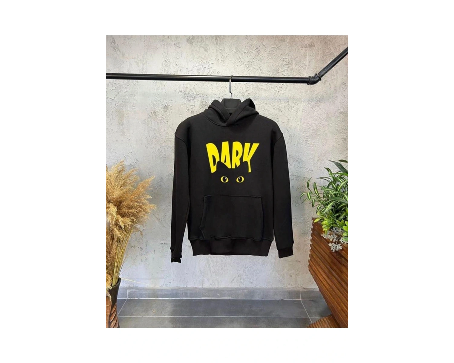 Siyah Oversize Kara Kedi Baskılı Kapüşonlu Pamuklu Unisex Sweatshirt