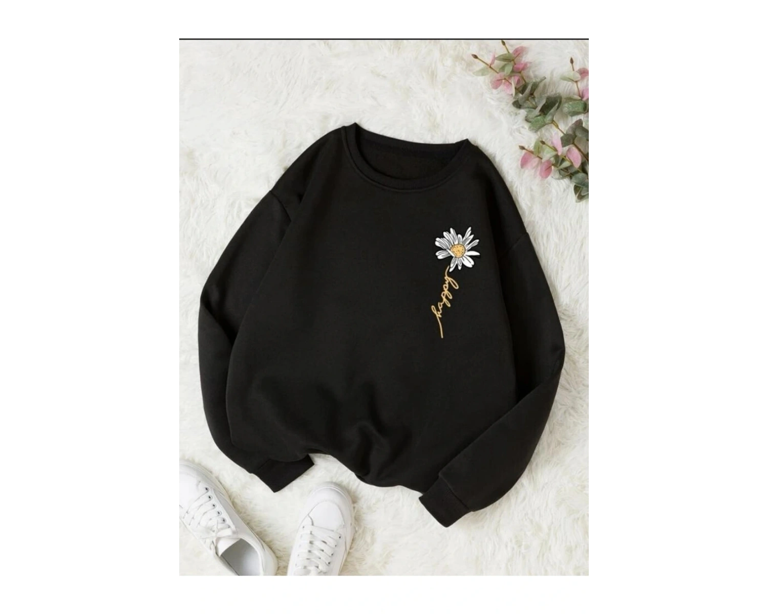 Siyah Oversize Papatya Baskılı 0 Yaka Kapşonsuz Pamuklu Kadın Sweatshirt