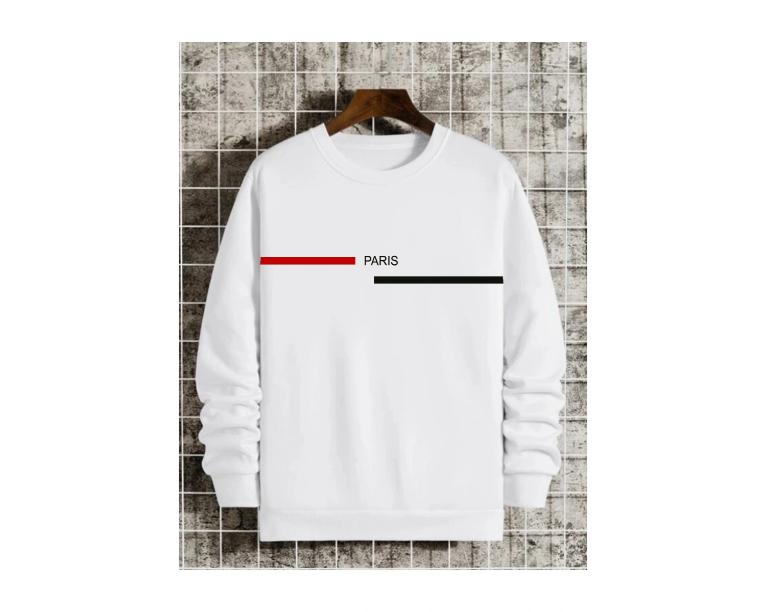 Siyah Oversize Paris Şerit Baskılı Pamuklu Kapşonsuz Bisiklet Yaka Unisex Sweatshirt