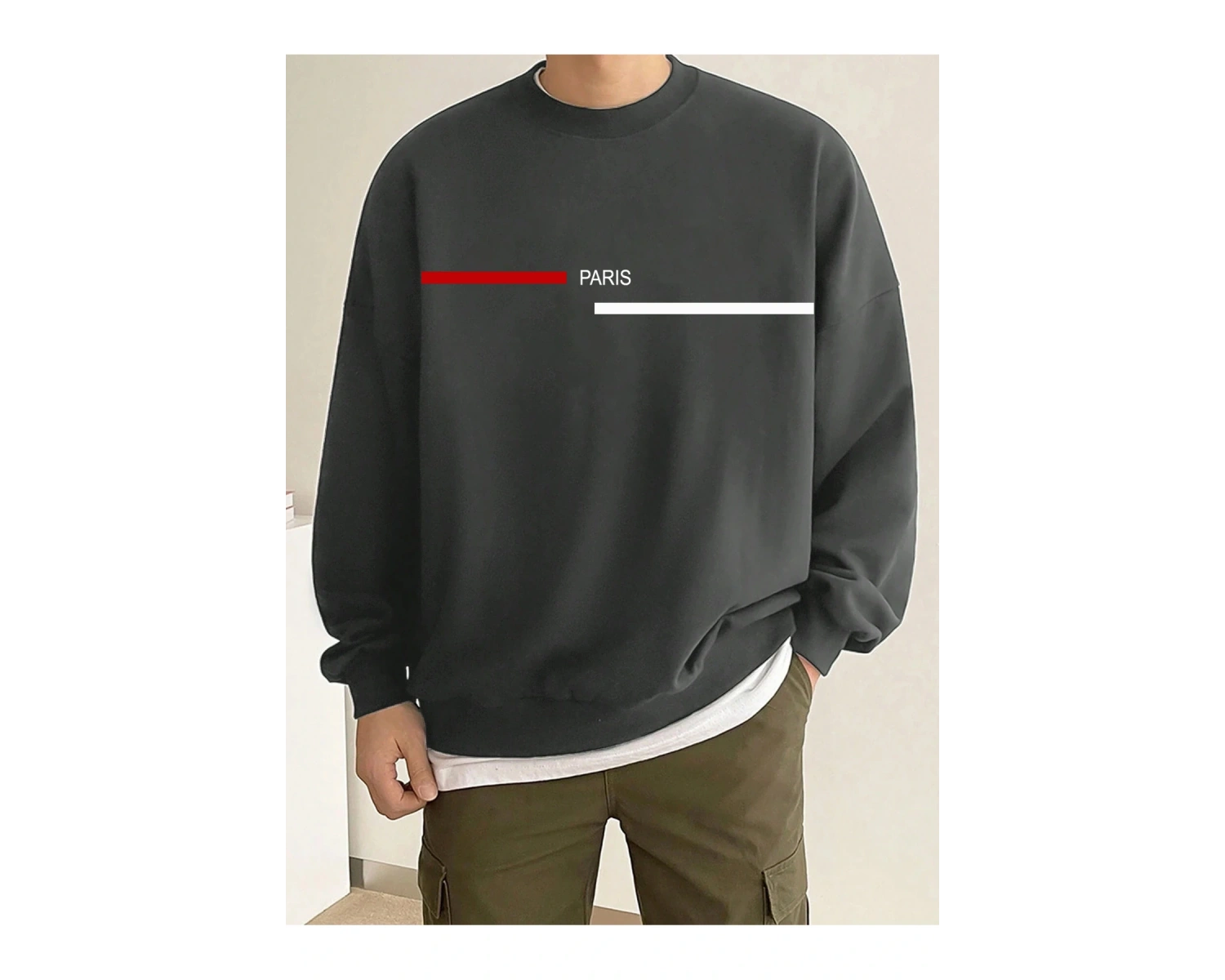 Siyah Oversize Paris Şerit Baskılı Pamuklu Kapşonsuz Bisiklet Yaka Unisex Sweatshirt