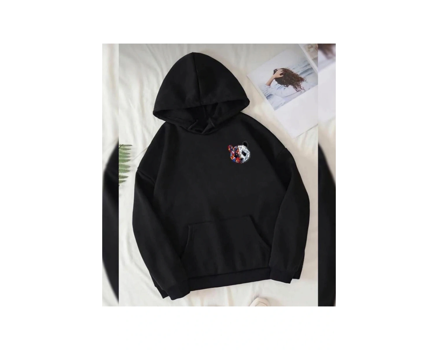 Siyah Oversize Renkli Panda Baskılı Kapşonlu Kanguru Cepli Pamuklu Sweatshirt