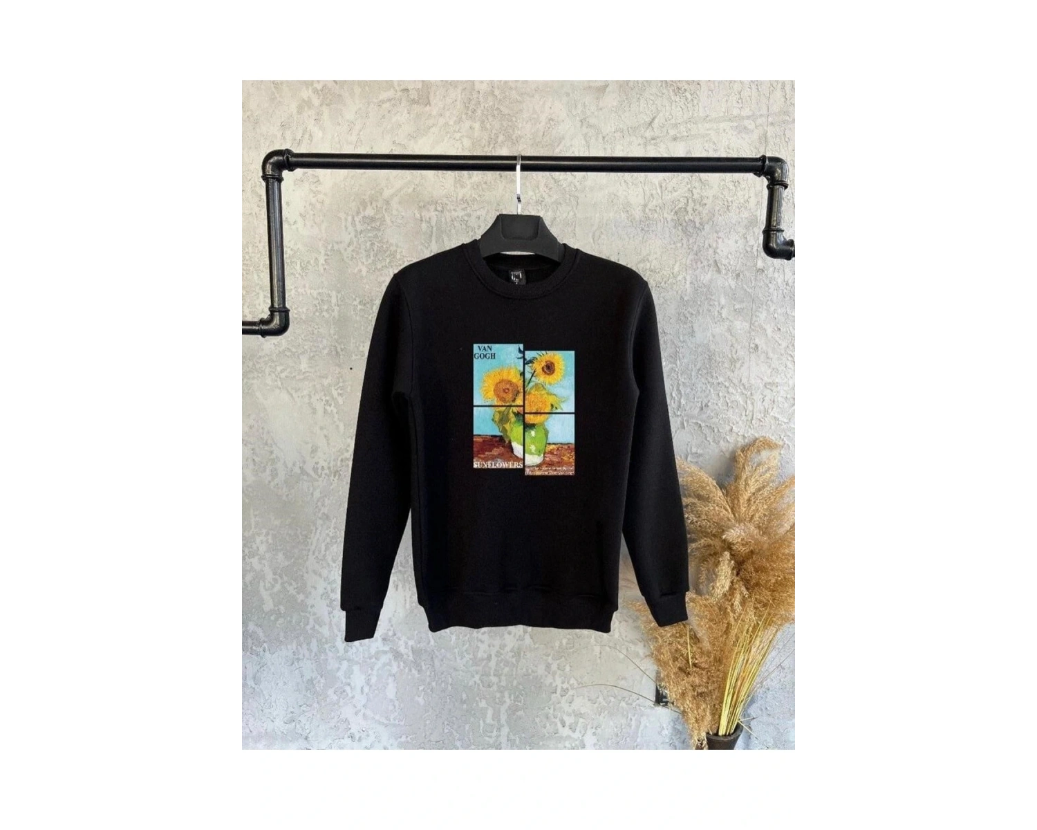 Siyah Oversize Tasarım Baskılı Kapşonsuz 0 Yaka Pamuklu Unisex Sweatshirt