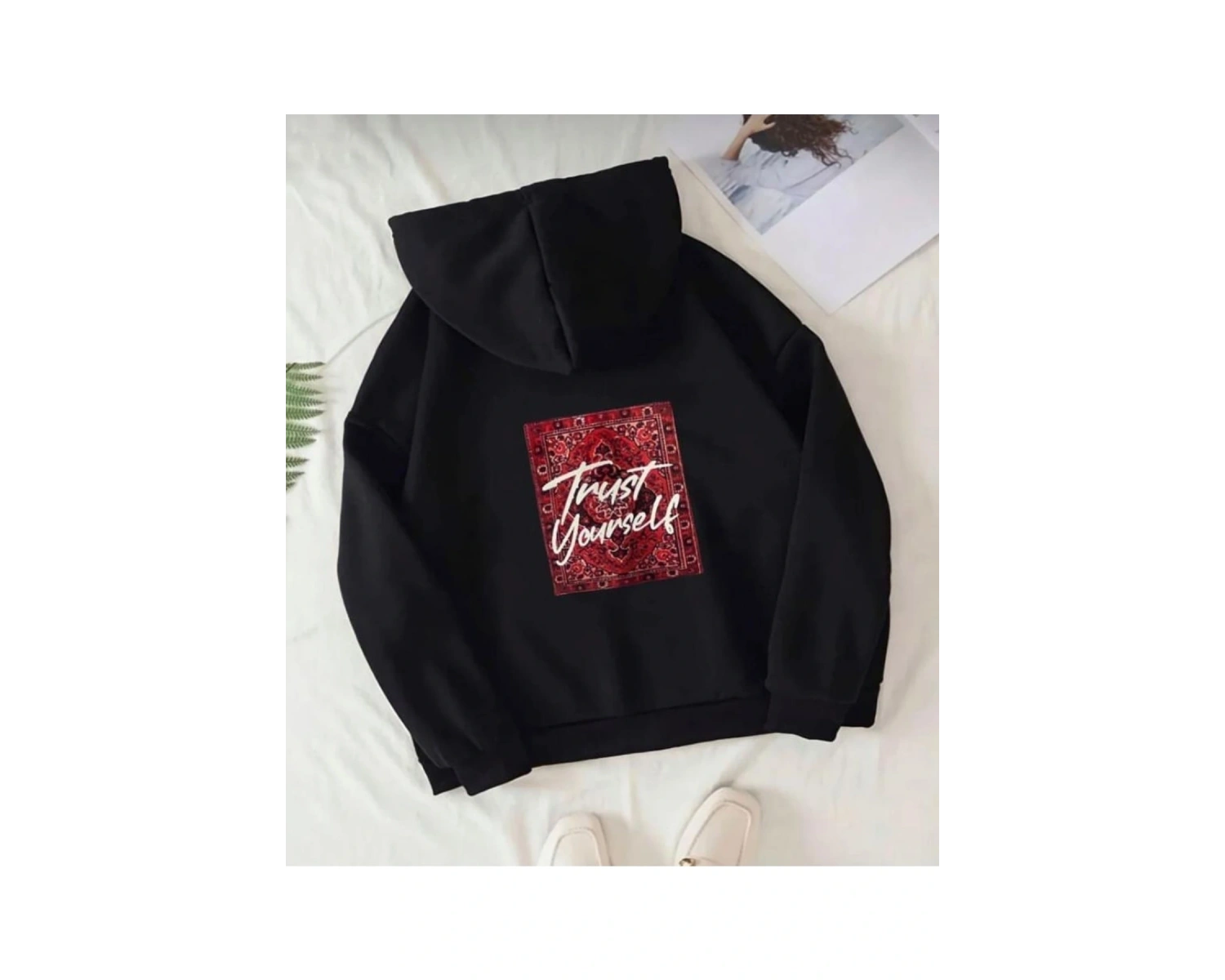 Siyah Oversize Trust Yourself Baskılı Kapşonlu Kanguru Cepli Pamuklu Sweatshirt