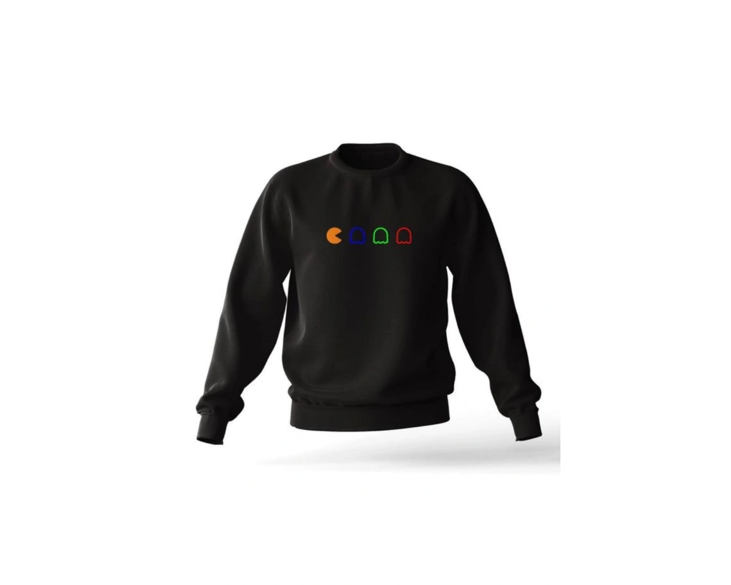 Siyah Oversıze Unisex Pacman Baskılı Pamuklu Kapşonsuz 0 Yaka Sweatshirt