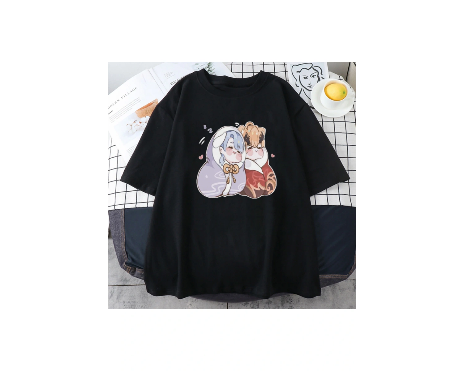 Siyah Oyun Genshin Etki Kamisato Ayato ve Thoma Yaz Kawaii Karikatür