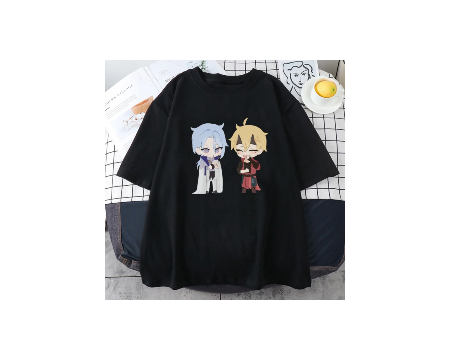 Siyah Oyun Genshin Etki Kamisato Ayato ve Thoma Yaz Kawaii Karikatür