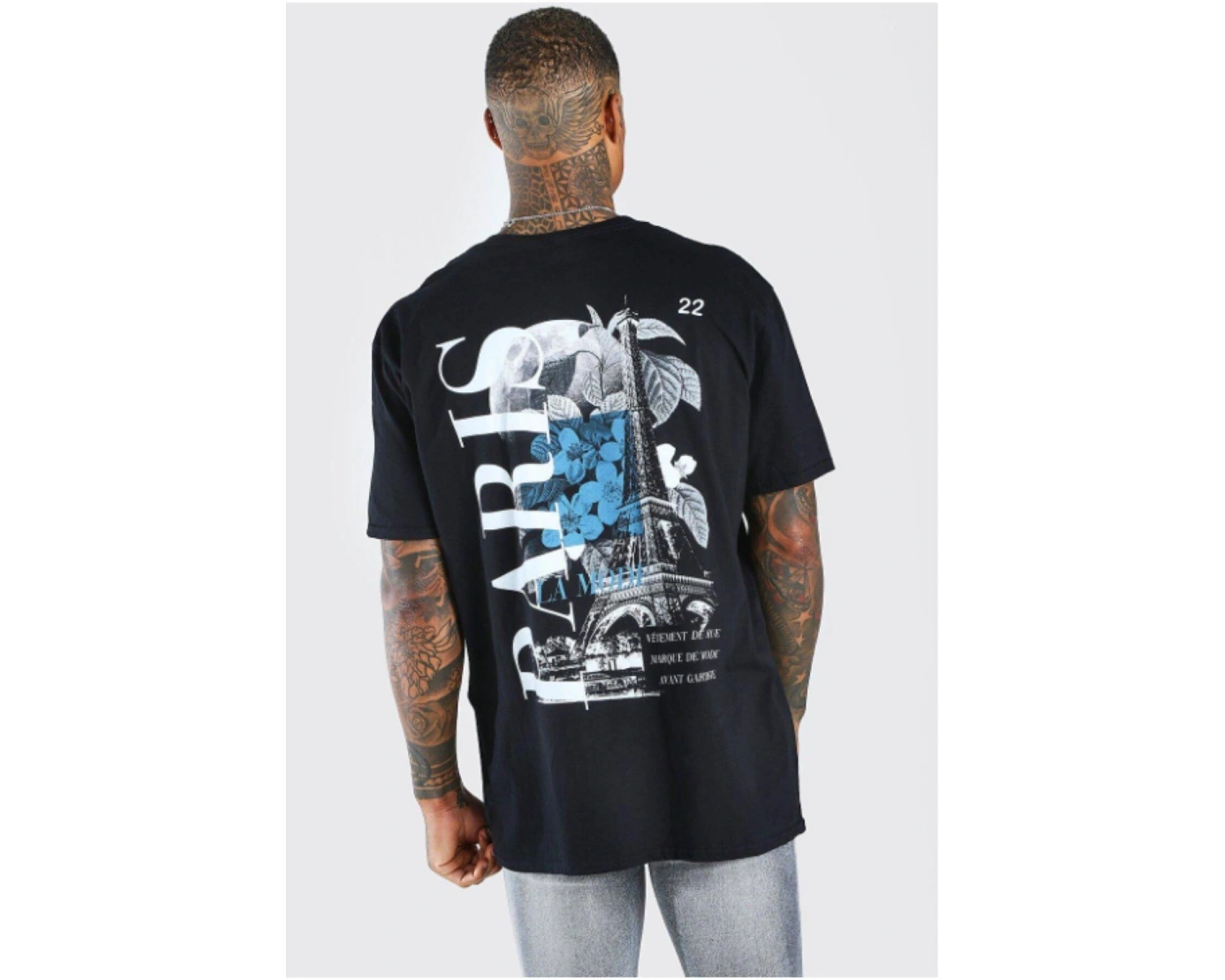 Siyah Paris Baskılı Oversize Bisiklet Yaka T-shirt