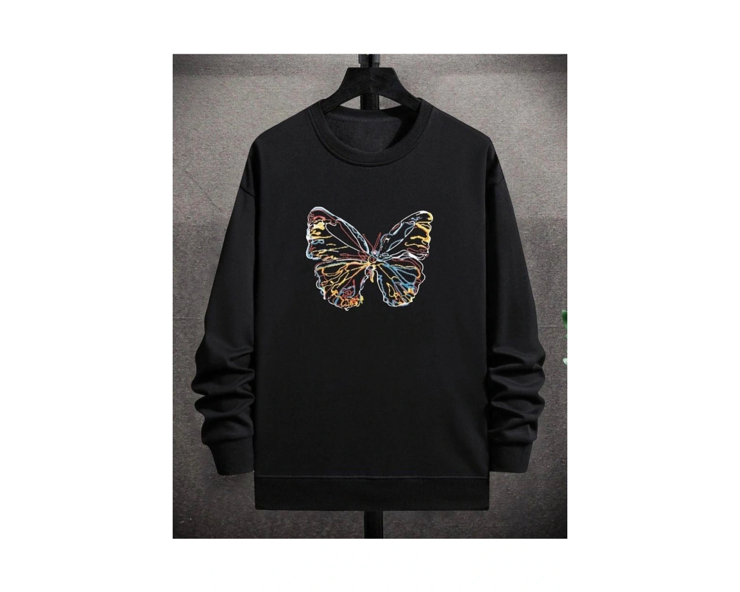 Siyah Renkli Kelebek Baskılı 0 Yaka Kapşonsuz Pamuklu Sweatshirt