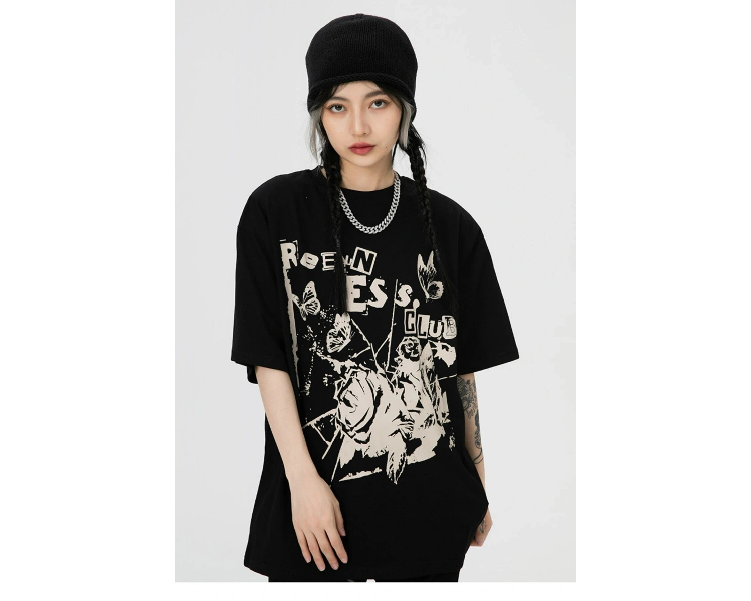 Siyah Rreenness Clup Baskılı Oversize Bisiklet Yaka Erkek Tişört