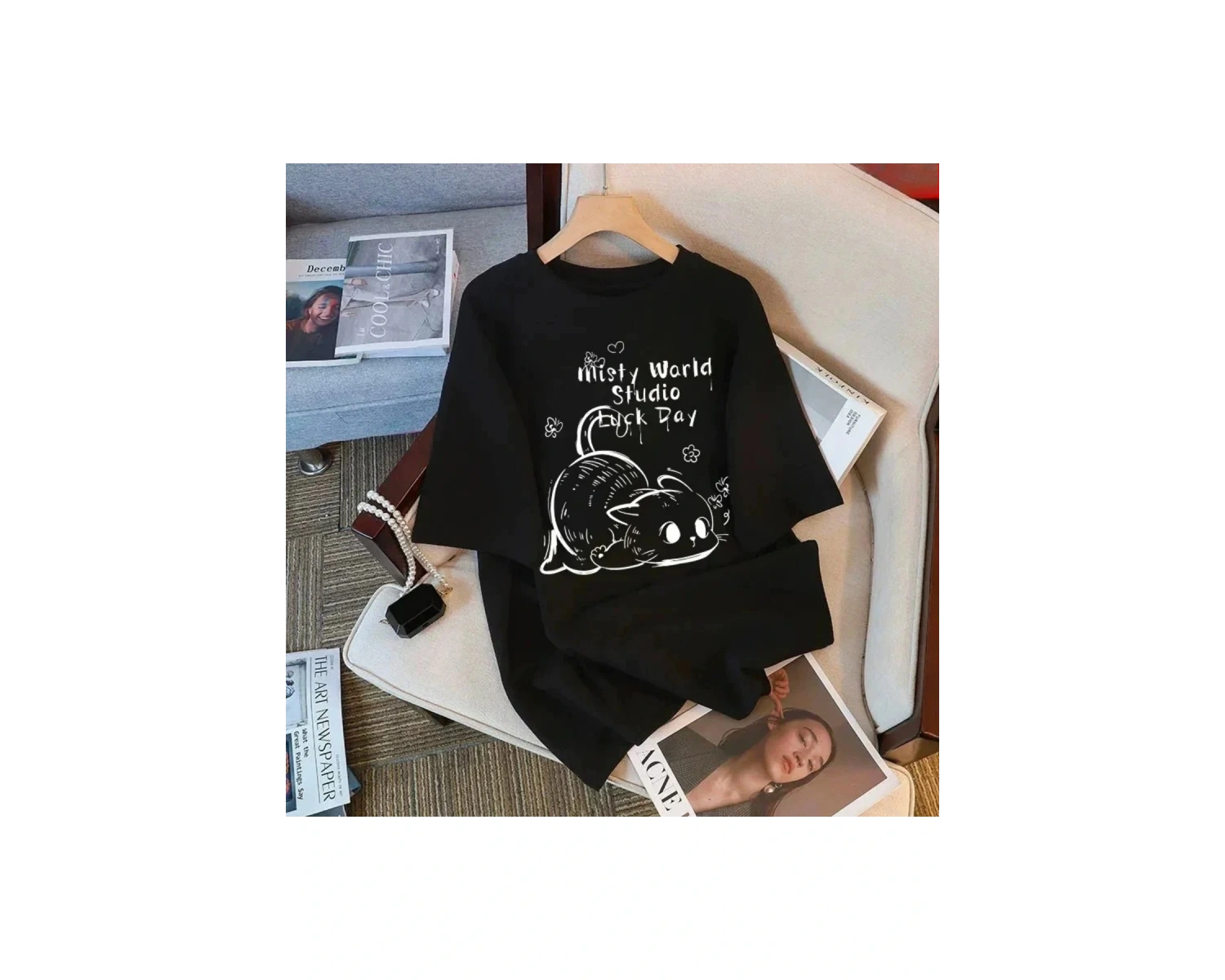 Siyah s Round Neck Short Sleeve Loose Cute Cat Print Summer Y2K Kawaii Wo