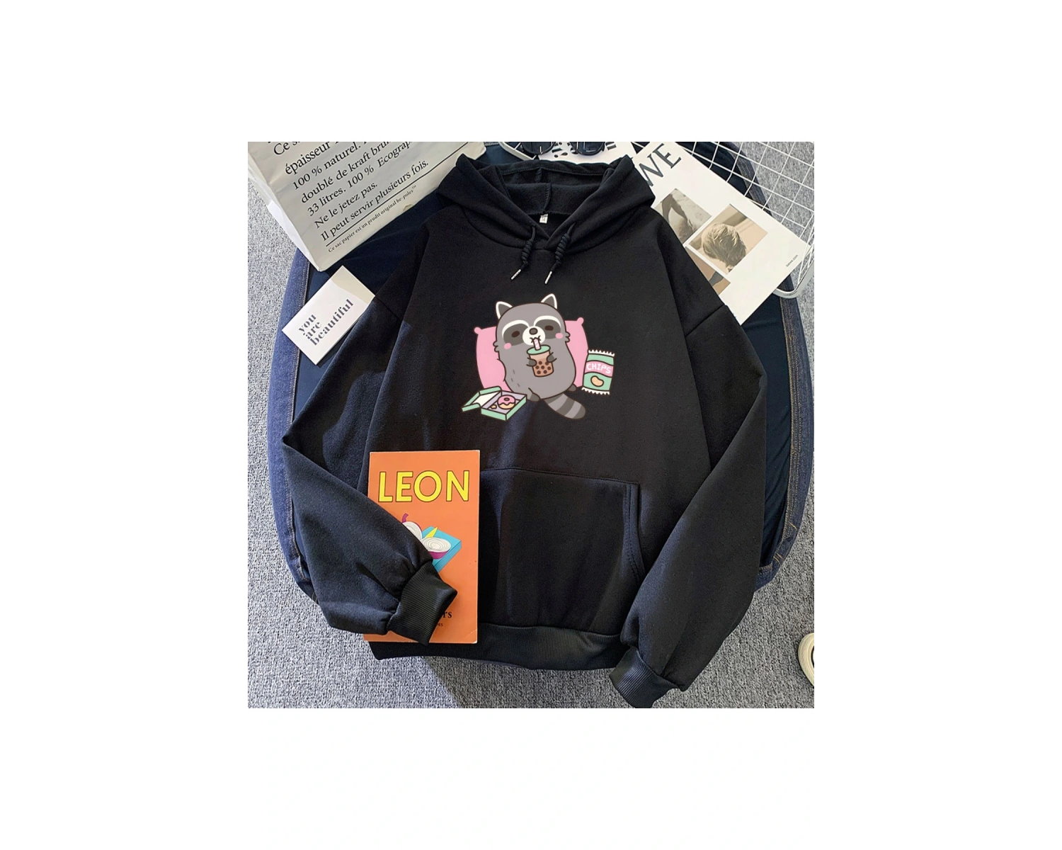 Siyah Sevimli Rakun Yeme Kabarcık Süt Çay Hoodies Rahat Kawai